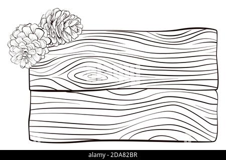 Wooden board and pine cones with copy space for design greeting cards. Vector christmas decoration frame for text. Black line monochrome illustration Stock Vector