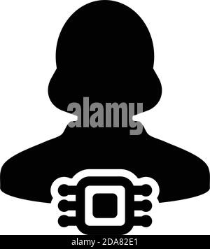 Chip implant vector icon for human with female user person profile avatar symbol for tracking system in a glyph pictogram illustration Stock Vector