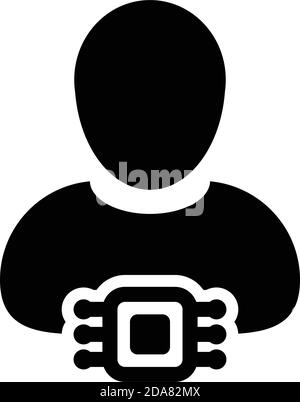 Microchip icon vector for human implant with male user person profile avatar symbol for tracking system in a glyph pictogram illustration Stock Vector