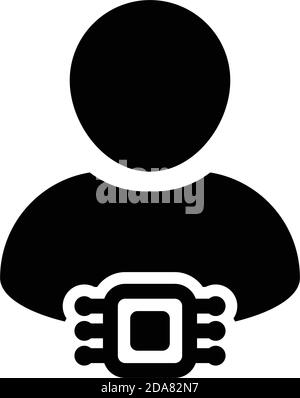 User icon vector with RFID microchip implant for human tracking system symbol with male person profile avatar in a glyph pictogram illustration Stock Vector
