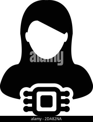 Person icon vector with RFID microchip implant for human tracking system symbol with female user profile avatar in a glyph pictogram illustration Stock Vector