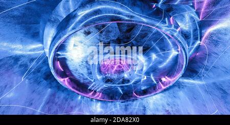 futuristic neon light sci-fi blue and violet background 3d render illustration Stock Photo