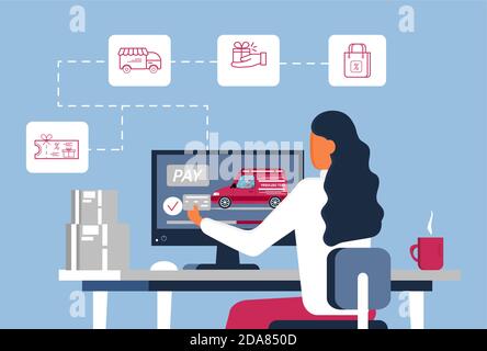 Online order concept vector. Woman making purchase in online store. Gift voucher in internet. Sale shopping and contactless delivery in quarantine. Pu Stock Vector