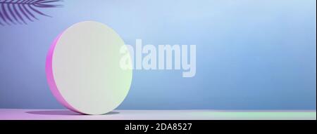 Round podium mockup in horizontal composition with golden palm leaves on a blue background with neon illumination, place for your text, banner Stock Photo