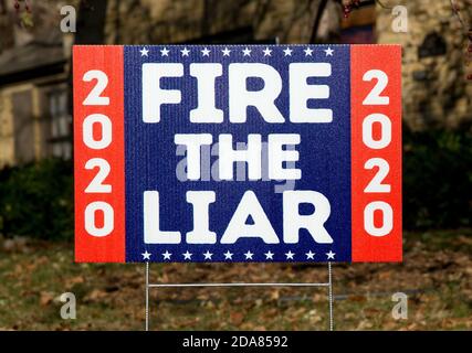 A 2020 presidential election yard sign stating Fire The Liar referring to American President Donald Trump