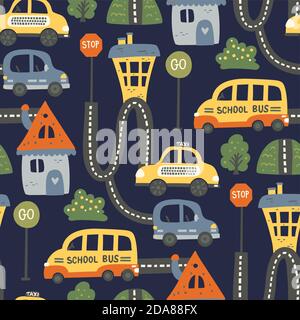 City car and school bus on a road seamless vector pattern. Travel baby boy cartoon graphic on a dark blue background. Stock Vector