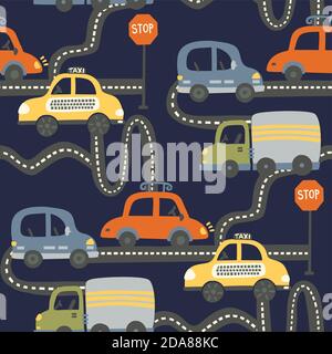 City car on a road seamless vector pattern. Travel baby boy cartoon graphic on a dark blue background. Stock Vector