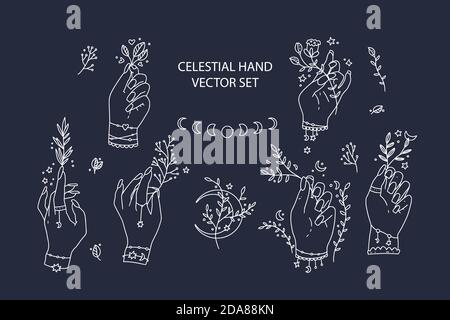 Celestial icon set. Perfect for print and logo design. Woman hand floral logo collection with moon phase, star and floral graphic signs. Stock Vector