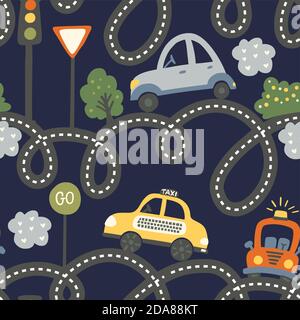 City taxi car on a road seamless vector pattern. Travel baby boy cartoon graphic on a dark blue background. Stock Vector