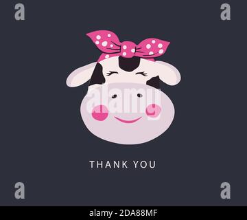 Cute vector cow face. Animal head with bandans, greeting card. 2021 New Year sign. Funny kid cartoon art. Stock Vector