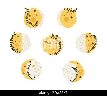 Celestial moon icon set. Moom phase cartoon astronomy design. Perfect for kids apparel, children print and logo design. Stock Vector