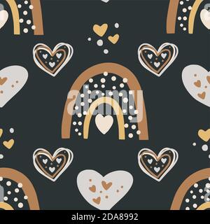 Kids bohemian vector seamless pattern with heart and rainbow. Hand drawn ethnic boho illustration in scandinavian style. Nursery print on a black background. Stock Vector