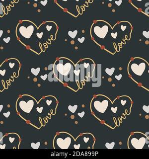 Heart vector seamless boho pattern. Valentine love graphic design on a dark background. Trendy fashion wallpaper. Stock Vector