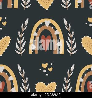 Kids bohemian vector seamless pattern with heart and rainbow. Hand drawn ethnic boho illustration in scandinavian style. Nursery print on a black background. Stock Vector
