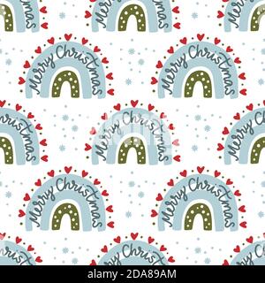 Christmas rainbow vector seamless pattern. Trendy traditional nursery kids background. Festive cute winter holiday print for children. Merry Christmas. Stock Vector