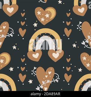 Kids bohemian vector seamless pattern with heart and rainbow. Hand drawn ethnic boho illustration in scandinavian style. Nursery print on a black background. Stock Vector