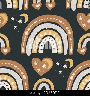 Kids bohemian rainbow, star and moon seamless pattern. Hand drawn celestial ethnic boho background for fabric print and cute nursery design. Stock Vector