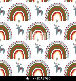 Christmas rainbow and deer decoration vector seamless pattern. Trendy traditional nursery kids background. Festive cute winter holiday print for children. Stock Vector