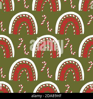 Christmas rainbow and lollipop vector seamless pattern. Trendy traditional nursery kids background. Festive cute winter holiday print for children. Stock Vector