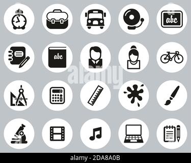 School Or Education Icons Black & White Flat Design Circle Set Big Stock Vector