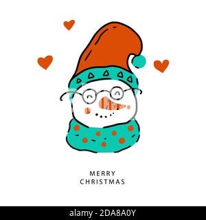 Snowman face icon with heart. Christmas winter holiday vector illustration. Merry Christmas hand drawn card in doodle style. Traditional New Year symbol. Stock Vector