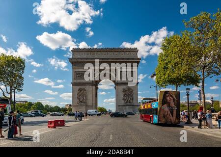 Paris, France - August 29, 2019 : The Arc de Triomphe (Triumphal Arch) is one of the famous monuments in Paris, at the western end of the Champs-Élysé Stock Photo