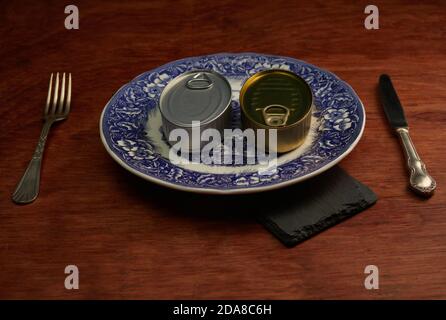 Different types of cans with prepared foods for consumption, vegetables, fish and meat Stock Photo