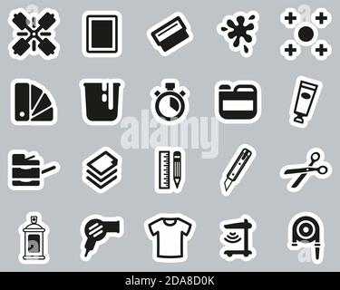Screen Printing Icons Black & White Sticker Set Big Stock Vector