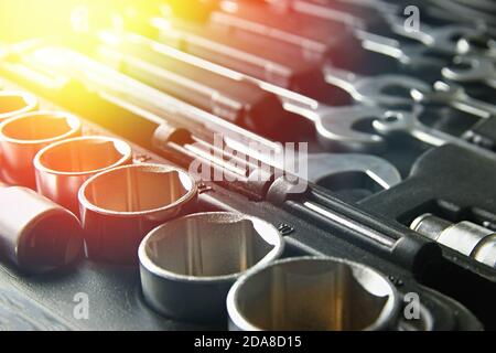 Set of chrome wrenches or spanners, hexagon socket in plastic black box. Mechanic tools for car service Stock Photo