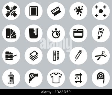 Screen Printing Icons Black & White Flat Design Circle Set Big Stock Vector