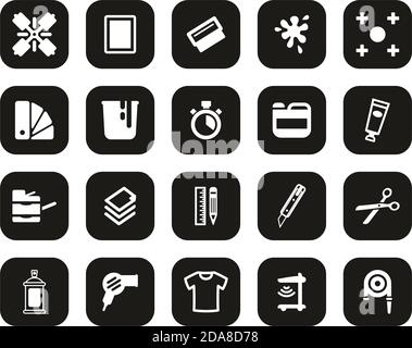 Screen Printing Icons White On Black Flat Design Set Big Stock Vector