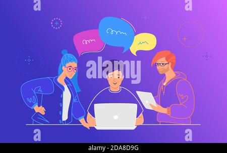 Three guys working as a team on a new project or startup Stock Vector