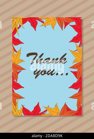 Thank you greeting card - vector illustration in hand drawn style autumn  leaves yellow, orange and red colors. Stock Vector