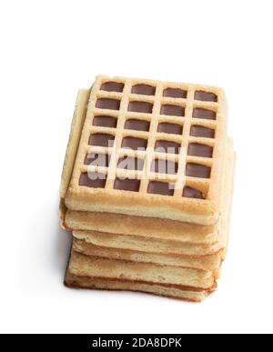 Stack  of toasting waffles with chocolate isolated on white Stock Photo