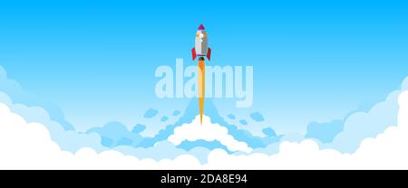 Rocket taking off in blue sky with clouds. Horizontal banner, vector Stock Vector