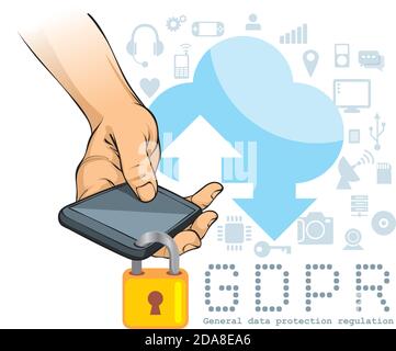 Data security protection concept illustration - hand with locked smartphone on the background of cloud storage Stock Vector