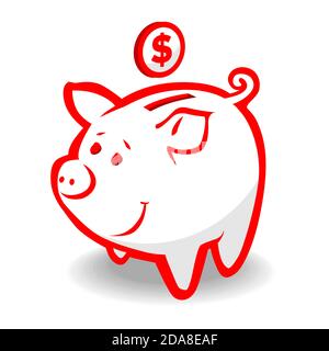 Funny red piggy bank and dollar. Save money concept flat design. Money management business. Illustration, Vector Stock Vector