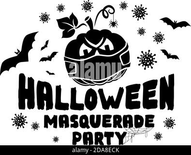 Halloween masquerade party logo. Black and white poster with horror elements: coronavirus, pumpkin, bat. Illustration, vector on transparent backgroun Stock Vector