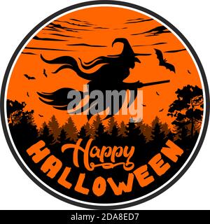 Halloween witch flying on broom. Halloween party poster with horror elements: full moon, witch, bats, dark forest. Illustration, vector Stock Vector