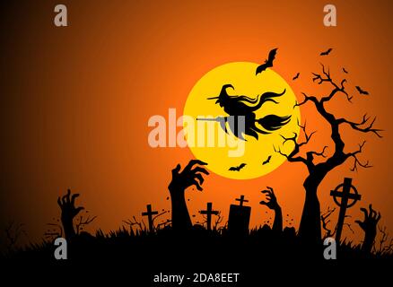 Halloween poster with horror elements: cemetery, grave, cross, zombie hands, bat, witch flies on broomstick. Illustration, vector on full moon backgro Stock Vector