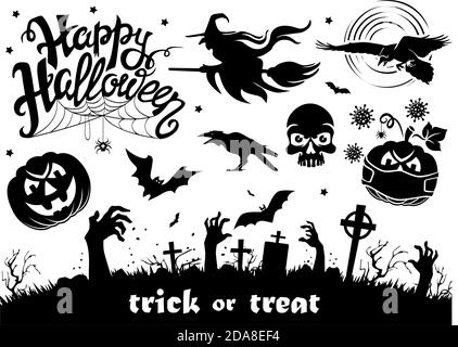 Halloween greeting card elements. Scary black and white pictures for the decoration of the holiday. Vector on transparent background Stock Vector