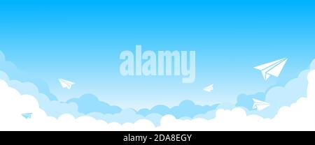 Paper airplanes in the light blue sky with clouds. Horizontal banner, vector Stock Vector