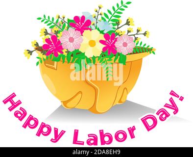 Happy Labor Day greeting card. Flowers in safety helmet. Illustration, vector Stock Vector