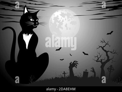 Halloween night black cat. Black and white greeting card with horror elements. Full moon, cemetery, dead hand against dark night. Illustration, vector