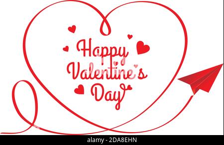 Happy Valentines Day - Paper plane draws in the sky the heart, greeting card, vector Stock Vector