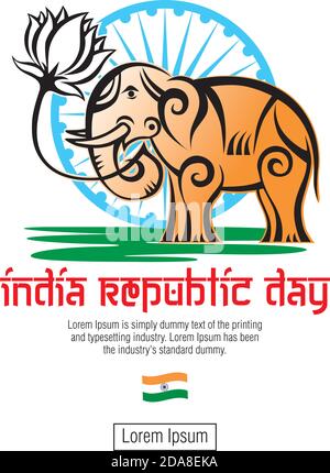 india republic day greeting card in abstract style - an elephant with a lotus flower in the color of the national flag of independent India Stock Vector