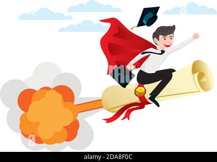Start-up. Young man - graduate of the school flies on scroll of diploma as on rocket Stock Vector