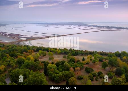 Elevated  view of  Lake Atanasovsko and  Black sea  early at the morning, Burgas, Bulgaria Stock Photo