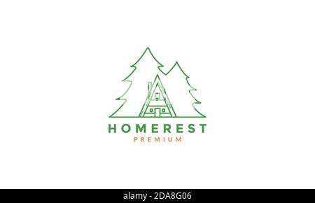pine or cypress tree with home forest line  logo vector icon illustration design Stock Vector