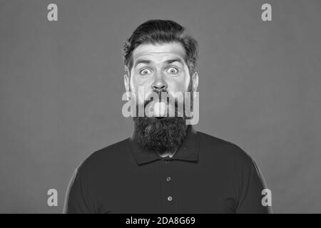 Pink tongue. Bearded and cheerful. Hipster appearance. Beard fashion. Barber concept. Man bearded hipster red background. Barber tips. Barbershop model. Cute face. Having fun. Showing long tongue. Stock Photo